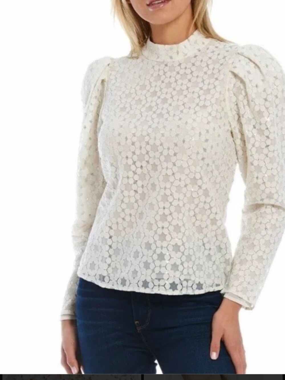 WAYF Cream Sequin Long Sleeve Blouse Size Large